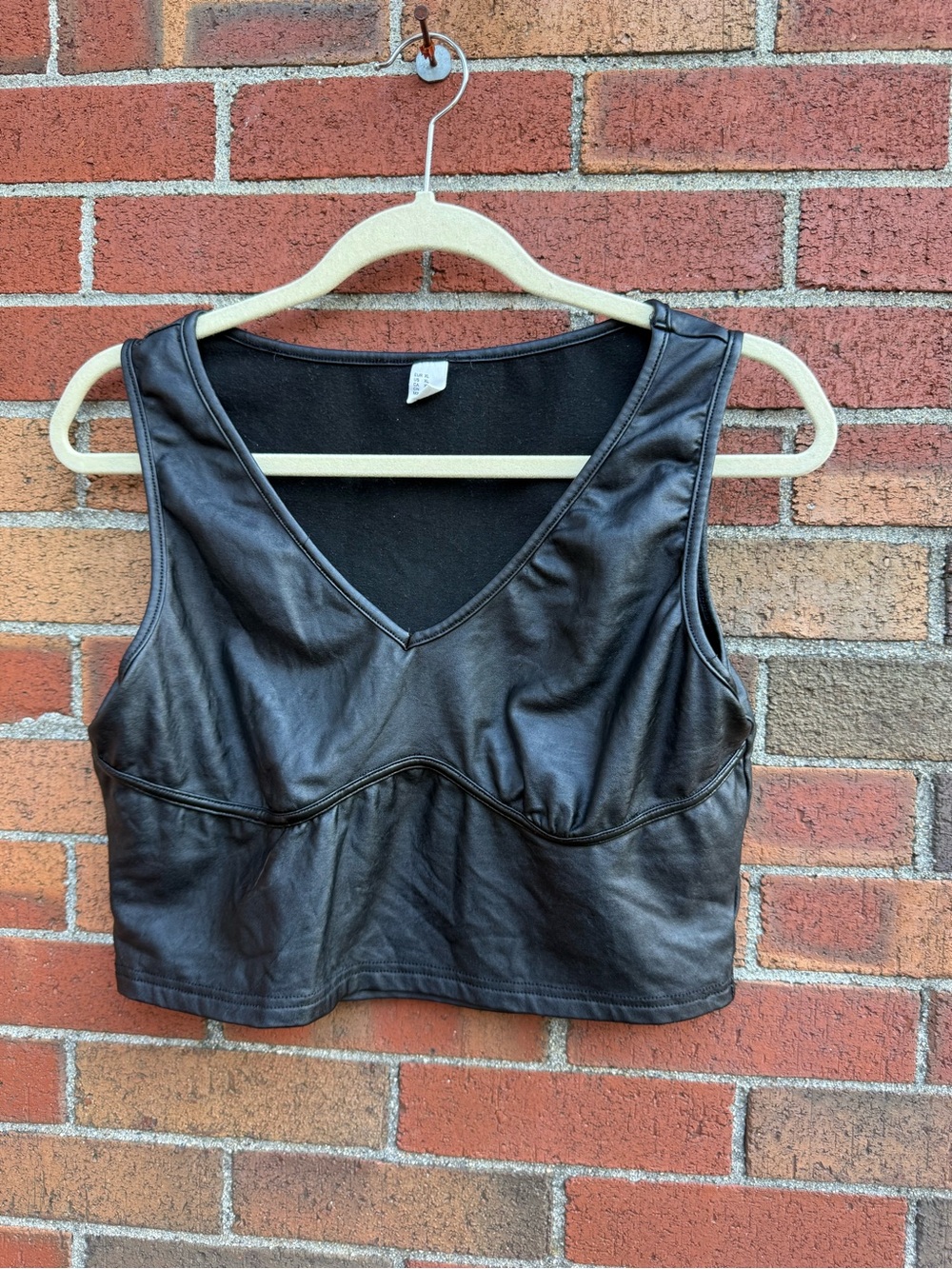 Faux Leather Crop Tank Top Black V Neck Sleeveless XL